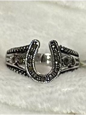 Sterling Silver Horseshoe Ring with Marcasite Accents - Black